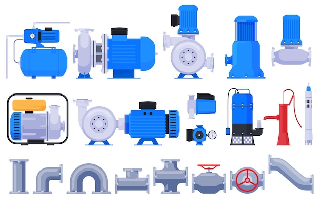 Vektor wasserpumpen wasser- und flüssigkeitspumpende technische ausrüstung für wasserstationen vektorillustration