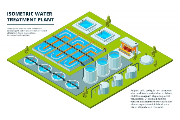 Wasserreinigungsfabrik. Abwasserbehandlungs-Reinigungsindustrie, die Rohrleitungssysteme wässert und isometrische Bilder verarbeitet