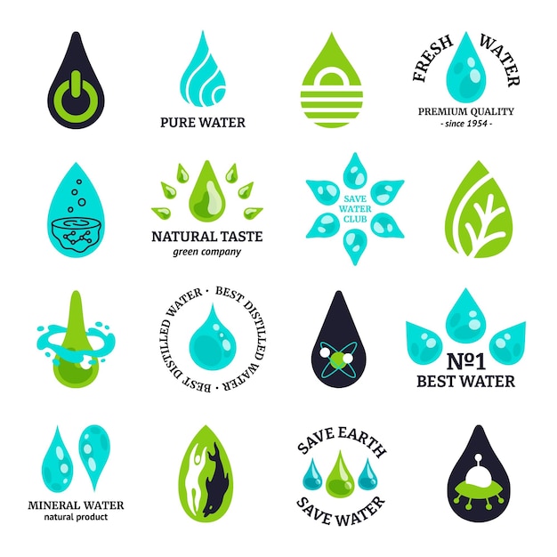 Wassertropfen-logo flüssigkeitsspritzer und reines mineralwasser symbol regentropfen und kaltes bergmineral aqua geometrisches zeichen vektor abstraktes wasser-emblem-set