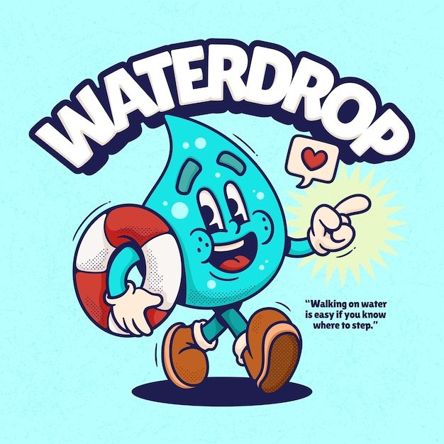 Wassertropfen, niedlich, trendig, retro-cartoon-vektor, handgezeichnet