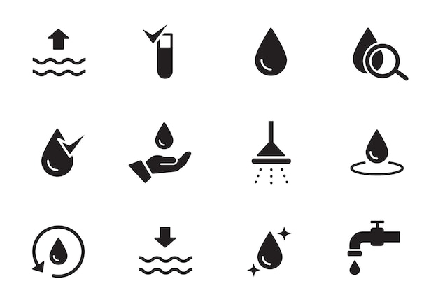 Wassertropfen-Piktogramm-Icon-Set Öko-Recycling-Wasser-Meerespflege-Symbol Solides schwarzes Formsymbol