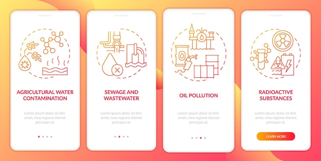 Wasserverschmutzung verursacht roten farbverlauf beim onboarding des bildschirms der mobilen app walkthrough 4 schritte grafische anleitungsseiten mit linearen konzepten ui ux gui-vorlage myriad probold reguläre schriftarten verwendet