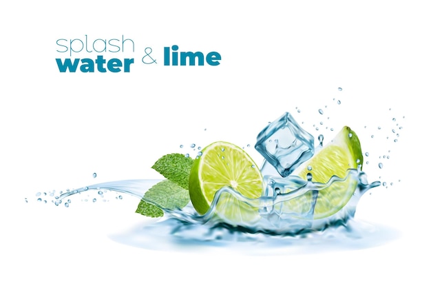 Vektor wasserwellenspritzer mit limetteneiswürfel-minzblättern