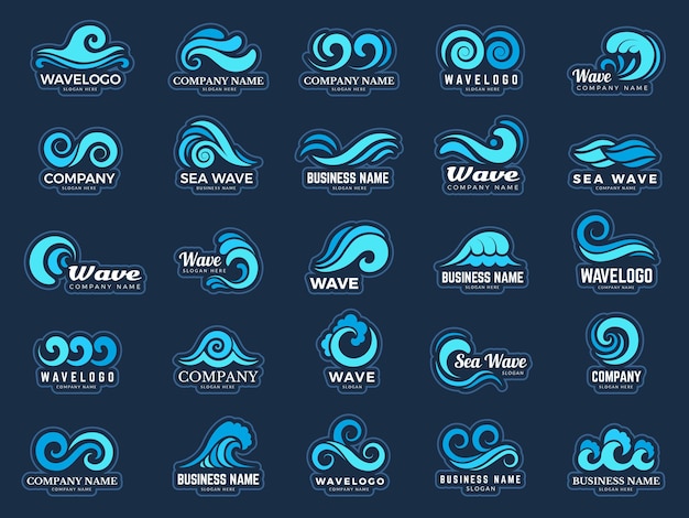 Wave-logo. stilisierte extreme runde formen wasserspritzer wellenfluss neuer vektorsatz. nasse fließende kurvenemblemflüssigkeit, aqua-logotypillustration