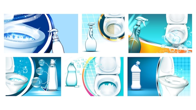 WC-Reiniger-Promo Werbung Poster Set Vector. Leeres Spray und Flaschen mit antibakterieller Flüssigkeit zum Waschen der Toilette. Toilettenhygienekonzept Vorlage Realistische 3D-Illustrationen