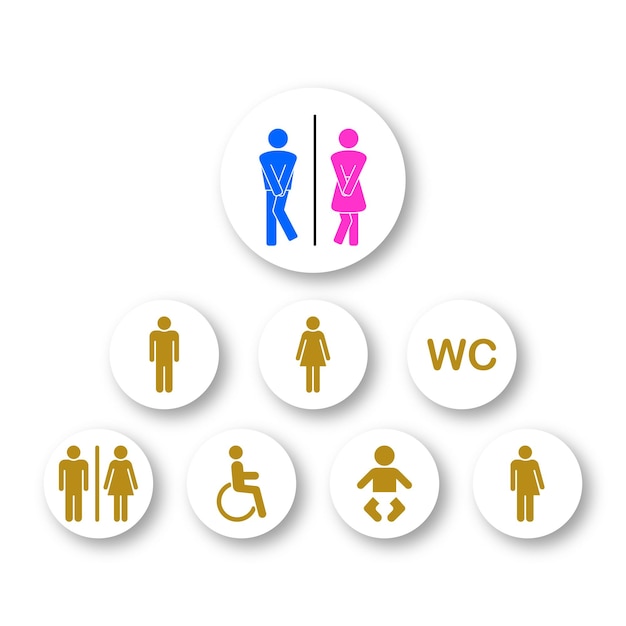 Wc-schild satz von wc-silhouette-symbol. zeichen des waschraums für männer, frauen, transgender, behinderte.