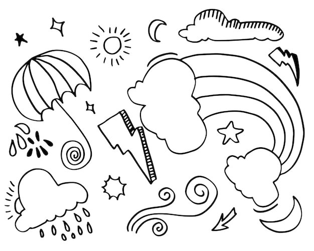 Weather doodle vector set isoliert auf einem weißen hintergrund handgezeichneter vektorillustration