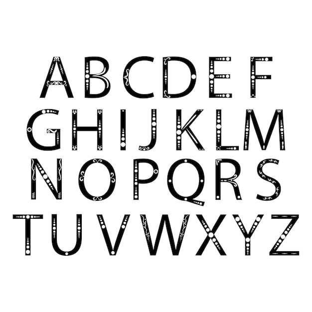 Vektor web-alphabet schwarz und weiß buchstaben einer ungewöhnlichen schriftart formen innerhalb von buchstaben