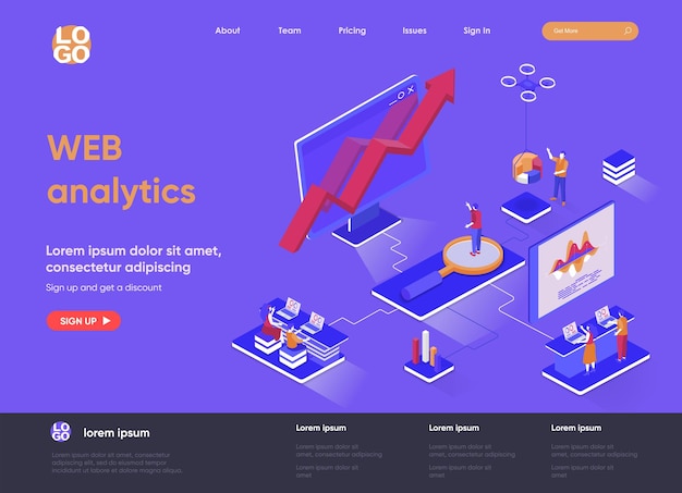 Web analytics 3d isometrische landingpage website illustration mit personen zeichen