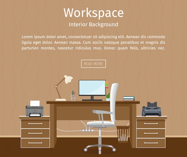 Web-banner mit bürorauminnenraum. bürogestaltung ohne menschen mit möbeln.