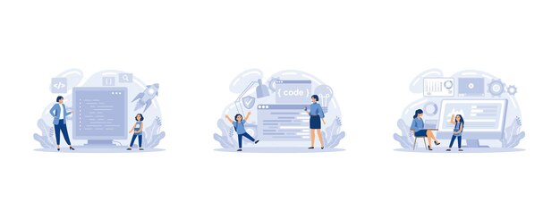 Web-Banner oder Landing-Page-Set für IT-Bildung. Schüler schreiben Software und erstellen Code für Computer.