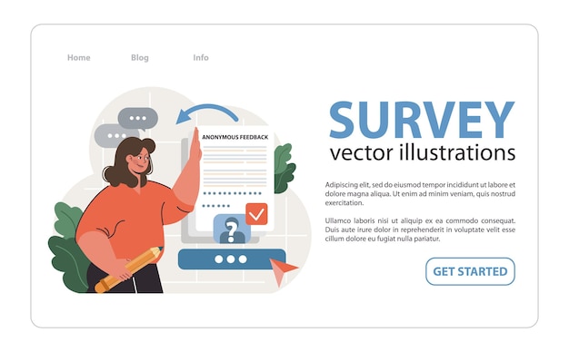 Vektor web-banner oder landing-seite zur befragung der öffentlichen meinung weibliche figuren teilnahme an einer online-befragung