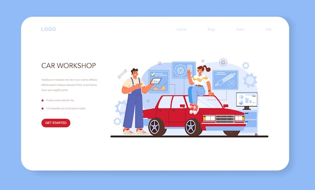 Web-Banner oder Zielseite des Autoreparaturdienstes. Auto wurde in Autowerkstatt repariert. Mechaniker in Uniform überprüfen ein Fahrzeug und reparieren es. Auto-Volldiagnose. Flache Vektorillustration.