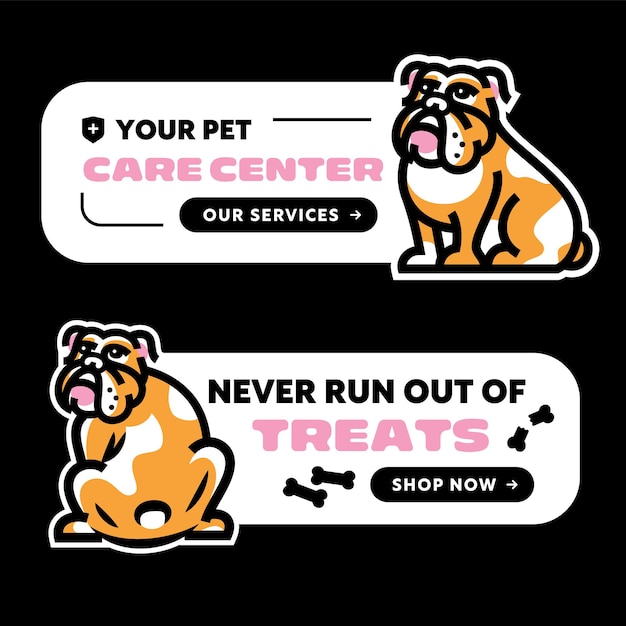 Vektor web-banner-vorlage für haustierhunde mit einer niedlichen bulldoggen-illustration