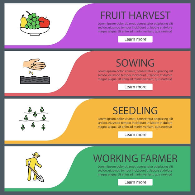 Web-Banner-Vorlagen für die Landwirtschaft festgelegt. Schale mit Früchten, Aussaat, Sämling, arbeitender Bauer. Menüelemente in Farbe der Website. Designkonzepte für Vektortitel