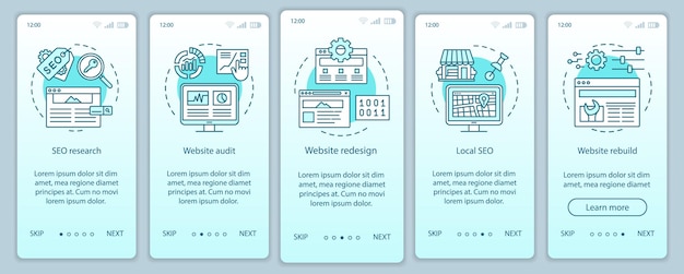 Web-beratung beim onboarding mobiler app-seitenbildschirm-vektorvorlage. seo-forschung. neugestaltung der website, prüfung. walkthrough-website-schritte mit linearen illustrationen. ux, ui, gui-smartphone-schnittstellenkonzept