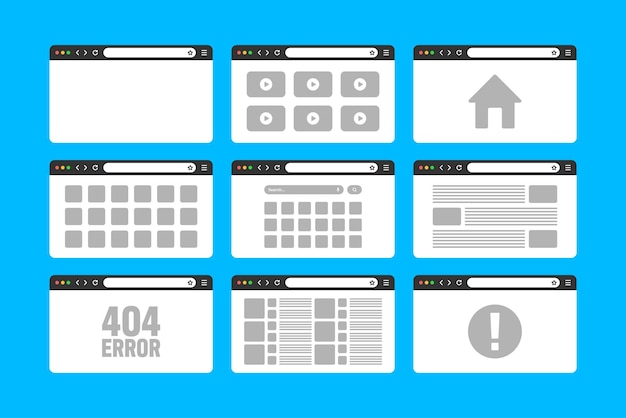 Web-Browser-Fenster-Seiten-Layout mit Werkzeugleiste und Suchfeld moderne Website-Internetseite in flacher Form