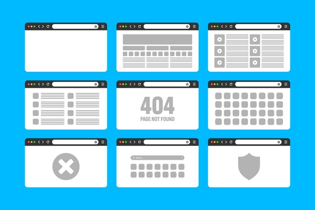 Web-Browser-Fenster-Seiten-Layout mit Werkzeugleiste und Suchfeld moderne Website-Internetseite in Flachform