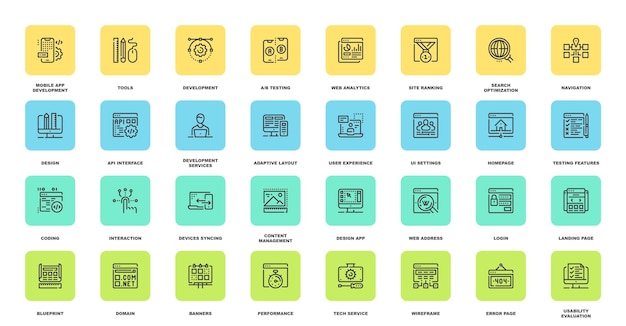 Web-Design und -Entwicklung Flachlinien-Web-Ikonen