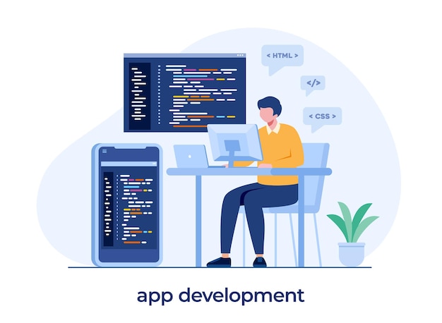 Web Entwicklung. Programmiersprachen. css, html, it, ui. Programmierer-Cartoon-Figur, die Website entwickelt, Codierung. flache Illustrationsbanner