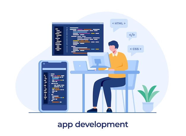 Web entwicklung. programmiersprachen. css, html, it, ui. programmierer-cartoon-figur, die website entwickelt, codierung. flache illustrationsbanner