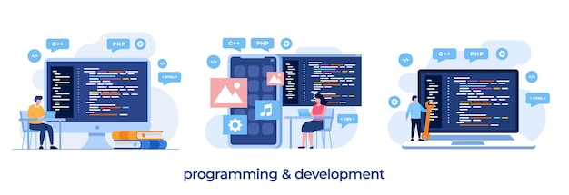 Web Entwicklung. Programmiersprachen. css, html, it, ui. Programmierer-Cartoon-Figur, die Website entwickelt, Codierung. flache Illustrationsbanner