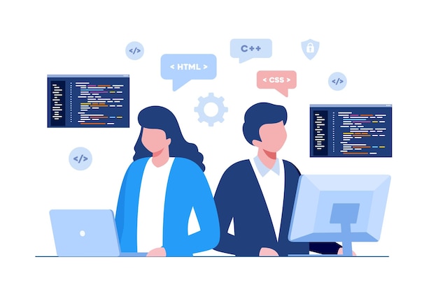 Web Entwicklung. Programmiersprachen. css, html, it, ui. Programmierer-Cartoon-Figur, die Website entwickelt, Codierung. flache Illustrationsbanner