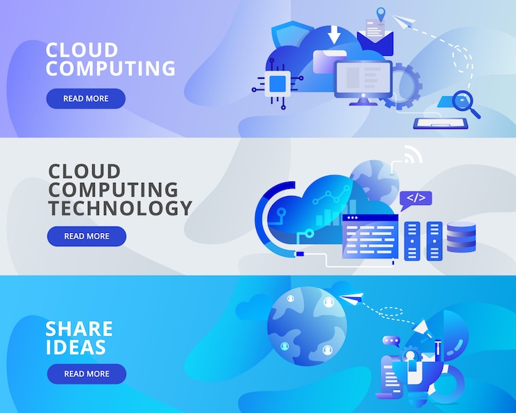 Vektor web-fahnen-illustration der wolken-datenverarbeitung, anteil-ideen