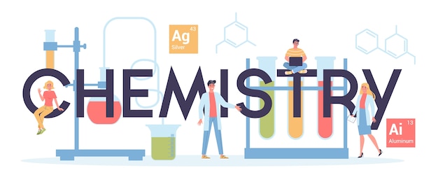 Vektor web-header zum thema chemie. wissenschaftliches experiment im labor. wissenschaftliche ausrüstung, chemische ausbildung.