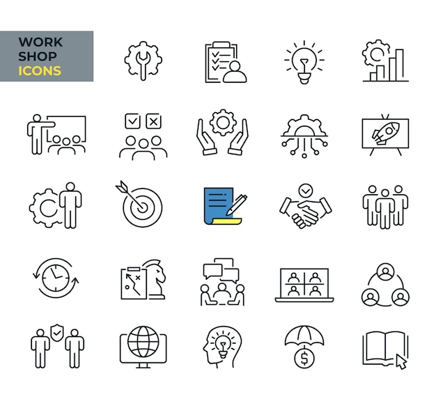 Web-Ikonen des Workshops im Line-Stil Partnerschaftsschulungs-Coaching-Sammlung Vektorillustration