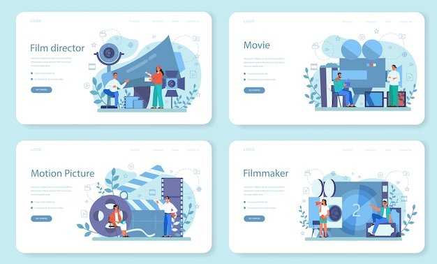 Web-landingpage-set für filmregisseure. idee des kreativen berufs. filmregisseur, der einen drehprozess leitet. klapper und kamera, ausrüstung für das filmemachen. isolierte vektorillustration