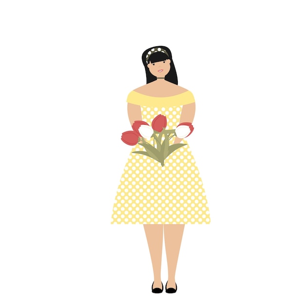 Web Schöne Frau im Kleid der 80er Jahre mit einem Strauß Tulpen