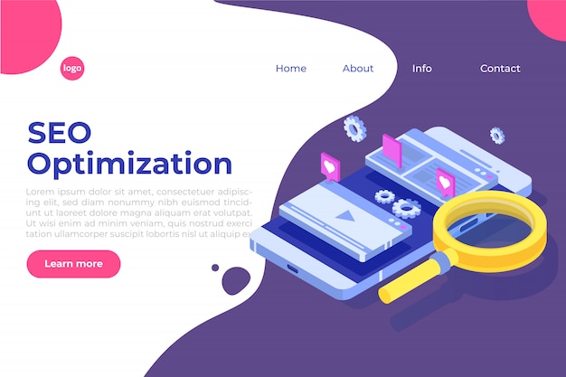 Web SEO Optimierungsillustrationskonzept isometrisch. Landingpage-Vorlage. Aufkleber für Web-Banner, Webseite, Banner, Präsentation, soziale Medien, Dokumente, Karten, Poster.