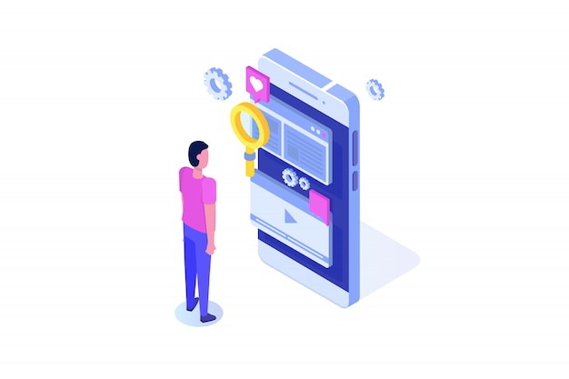 Web SEO Optimierungsillustrationskonzept isometrisch. Landingpage-Vorlage. Aufkleber für Web-Banner, Webseite, Banner, Präsentation, soziale Medien, Dokumente, Karten, Poster.