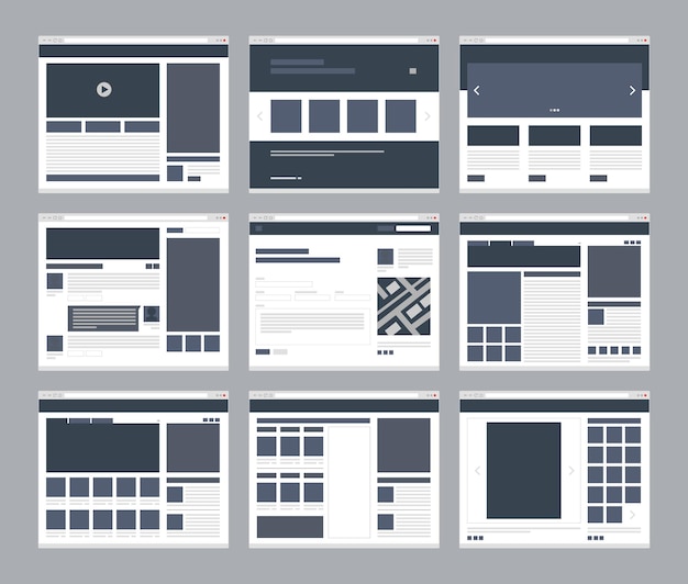 Web-wireframes landungsvorlagen website-seiten-layouts e-mail-video-vorteile einstellung unternehmensinformationen blog-webseiten html-formular responsive designs