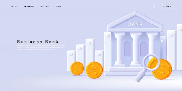 Webbanner für Bank mit Bankgebäude mit Balkendiagramm und Goldmünzen