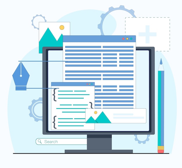 Webdesign Der Monitor zeigt die Fenster des Website-Designs Flache Vektorillustration