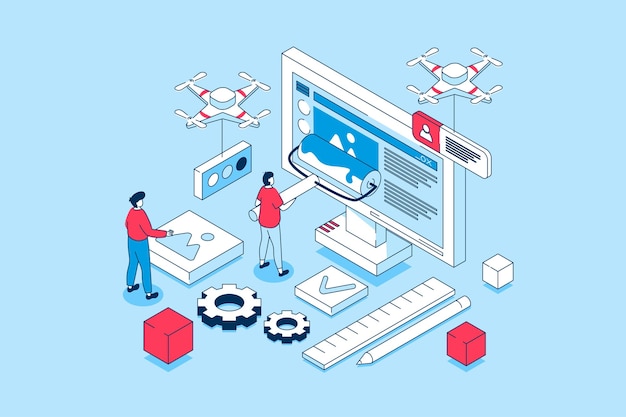Webdesign-Konzept im isometrischen 3D-Design Menschen, die Seitenlayouts mit Inhalten erstellen, Banner und Homepages programmieren und programmieren Vektorillustration mit Isometrieszene für Webgrafik