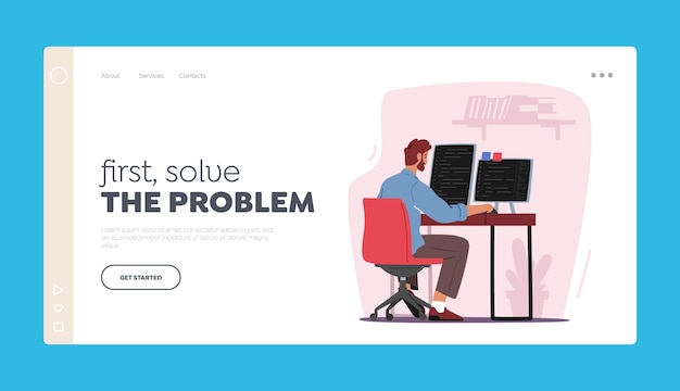 Webentwicklung, Website-Programmierung Landing Page Template. Programmierer männliche Charaktere arbeiten an der Codierung von Computern und Tablet-PCs, erstellen neue Websites, Software oder Anwendungen. Cartoon-Vektor-Illustration