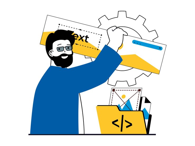 Vektor webentwicklungskonzept mit charaktersituation man erstellt layout-schnittstellenbaustellen und platziert inhalte und grafische elemente vektorillustration mit personenszene in flachem design für das web