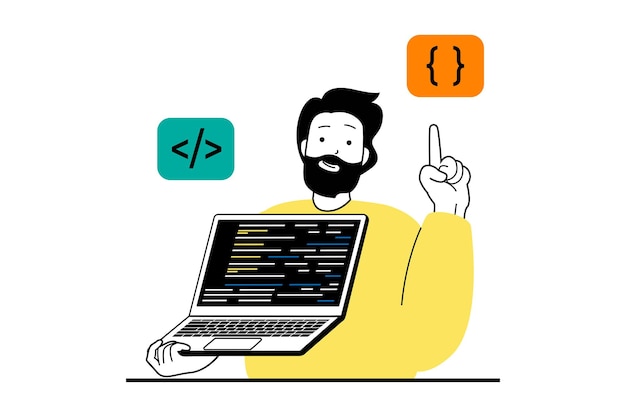 Vektor webentwicklungskonzept mit menschenszene im flachen design. mann erstellt programmiercode für die erstellung des homepage-ui-layouts am laptop. vektorillustration für social-media-banner-marketingmaterial