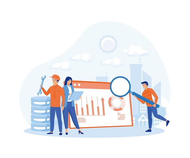 Webhosting- oder Cloud-Computing-Poster mit flacher, moderner Vektorgrafik für Systemadministratoren