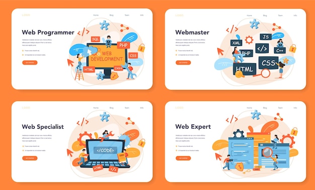 Webprogrammierung weblayout oder landingpage-set. programm zum codieren, testen und schreiben von websites unter verwendung des internets und verschiedener software. webseitenentwicklung .