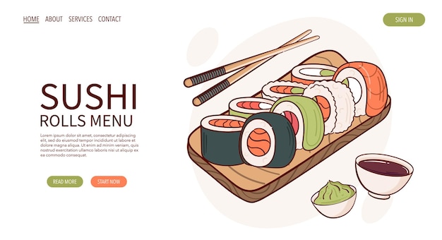 Webseite Draw Nigiri Sushi Roll Vector Illustration Japanisches asiatisches traditionelles Essen Kochen Menükonzept Banner-Website-Werbung im Doodle-Cartoon-Stil