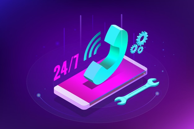 Webseiten-Designvorlagen für den Callcenter-Support rund um die Uhr. Isometrischer 24-Stunden-Kundendienst. Vektorgrafik Kundenservice, Support oder CRM.