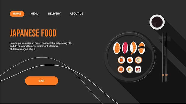 Webseiten-zielseite für werbeaktionen für ein japanisches restaurant mit rollstäbchen und sojasauce
