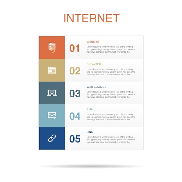 Website-Browser-Web-Cookies E-Mail-Link-Symbole Infografik-Designvorlage Kreatives Konzept mit 5 Schritten