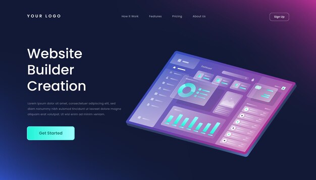 Website Builder Gradient 3d isometrische Illustration Landingpage Vorlage Glaseffekt