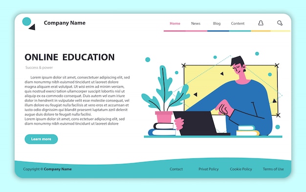 Website-Design für Fernunterricht. Fernlernkonzept. Webseitenvorlage, Symboldesign.