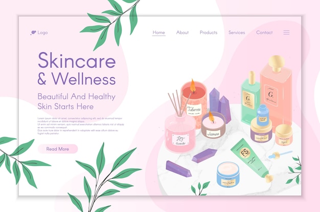 Website-design-vorlage für hautpflegebehandlungen, wellness, beauty-routine-tutorial, naturprodukte, kosmetik, selbstpflege